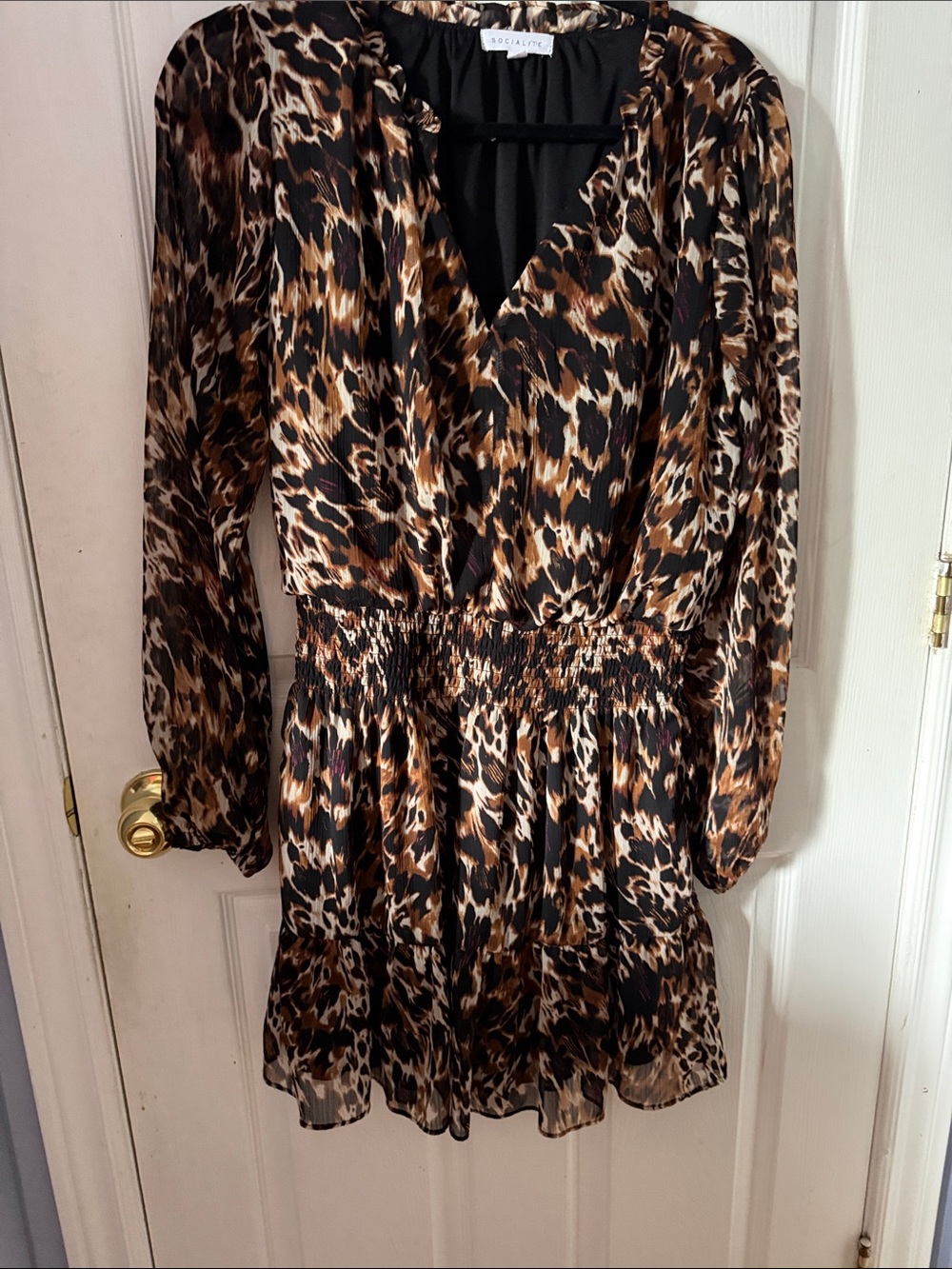 Socialite Animal Print Long Sleeve Smocked Waist Dress - Black & Brown